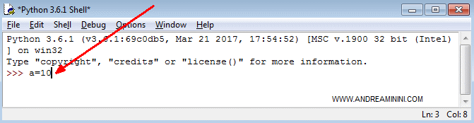 inizializzazione della variabile in Python da riga comando ( modalità interattiva )