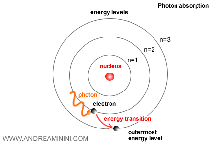 diagram showing an electron absorbing energy and moving to a higher quantized level