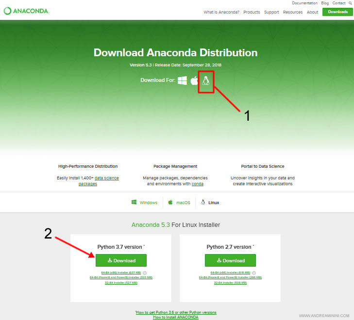 selecting Anaconda for Linux and downloading the Python version with scientific libraries