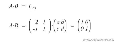 Product of matrix A by a matrix of unknowns equals the identity matrix.