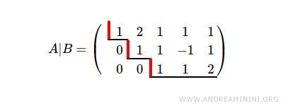 $$ A|B = \begin{pmatrix} 1 & 2 & 1 & 1 & 1 \\ 0 & 1 & 1 & -1 & 1 \\ 0 & 0 & 1 & 1 & 2 \end{pmatrix} $$