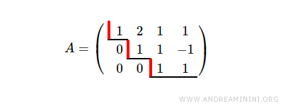 $$ A = \begin{pmatrix} 1 & 2 & 1 & 1 \\ 0 & 1 & 1 & -1 \\ 0 & 0 & 1 & 1 \end{pmatrix} $$