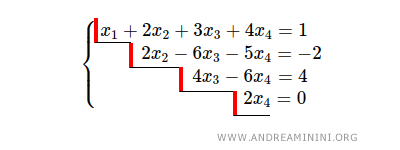 \begin{cases} x_1 + 2x_2 +3x_3+4x_4 = 1 \\ 2x_2-6x_3-5x_4 = -2 \\ 4x_3- 6x_4 = 4 \\ 2x_4 = 0 \end{cases}