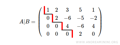 $$ A|B = \begin{pmatrix} 1 & 2 & 3 & 5 & 1 \\ 0 & 2 & -6 & -5 & -2 \\ 0 & 0 & 4 & -6 & 4 \\ 0 & 0 & 0 & 2 & 0 \end{pmatrix} $$
