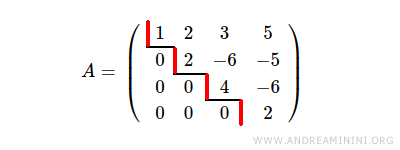 $$ A = \begin{pmatrix} 1 & 2 & 3 & 5 \\ 0 & 2 & -6 & -5 \\ 0 & 0 & 4 & -6 \\ 0 & 0 & 0 & 2 \end{pmatrix} $$