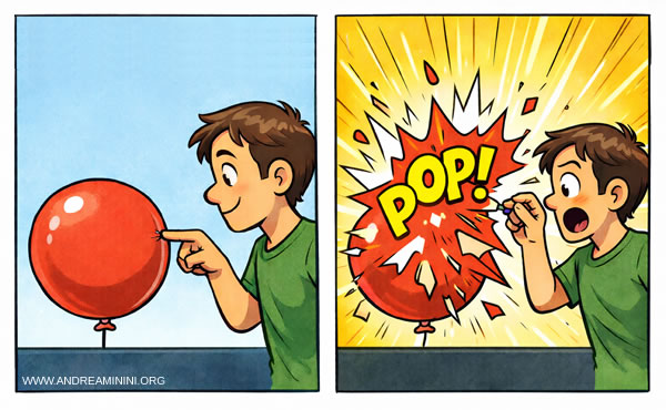 illustration of low pressure with a finger versus high pressure with a pin on a balloon