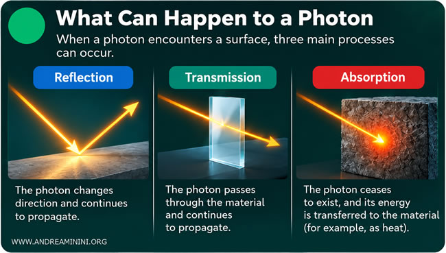 the difference between reflection, transmission, and absorption