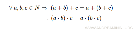 associative laws: for all a, b, c in N, (a + b) + c = a + (b + c) and (a ⋅ b) ⋅ c = a ⋅ (b ⋅ c)